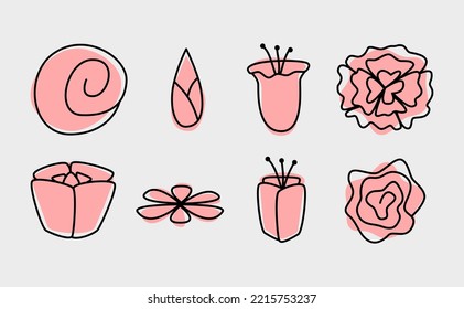 set of flowers line art with pink fill color as background. flowers blooming vector illustration for nature design elements or resources. rose, tulip, daisy flowers.