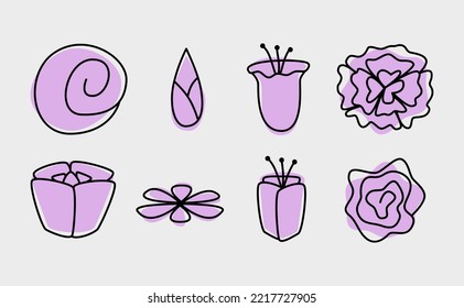 set of flowers line art with purple fill color as background. flowers blooming vector illustration for nature design elements or resources. botanical and floral theme object.