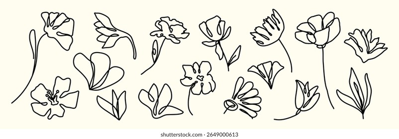 Set of flowers in line style. Editable stroke. Botany. Design elements. Print. Tattoo. Doodle ink. Bouquet. Grunge chalk. Mark scribble. Minimalist decor. Wedding silhouette. Outline. Curved plant.
