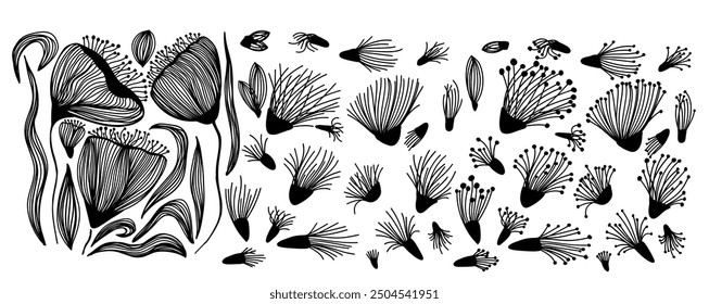 Set of flowers from lines constructor. hand drawing. Not AI, Vector illustration.