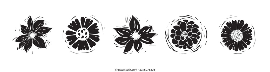 set of flowers in linoprint style