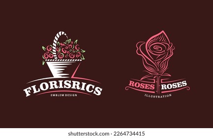 Dibujar el logotipo de las flores como ilustración vectorial, diseño del emblema de la rosa sobre fondo oscuro