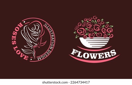 Set flowers logo vector illustration, Rose emblem design on dark background