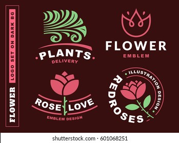 Set flowers logo - vector illustration, emblem design on dark red background