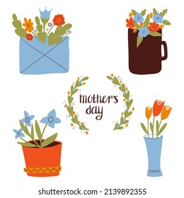 a set of flowers for mother's day, in a pot,mug, vase, letter, inscription mother's day