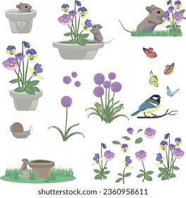 set of flowers, mouse, butterfly and snail