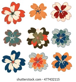 Set of flowers, multicolored collection on white background