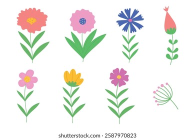 Set of flowers. Multicolored hand drawn flowers. Spring, summer, Easter theme. Isolated vector illustration in flat style.