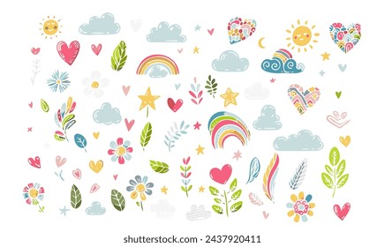 Conjunto de flores y elementos naturales. Niños, bebé, niños concepto con flores. Pegatinas florales, parches. Ilustración de dibujos animados vectoriales para tarjeta de felicitación o diseño de invitación.