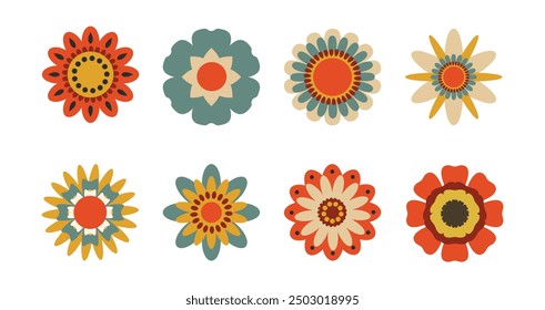 Set of flowers. Nostalgic 60s and 70s retro flowers collection. Bright floral geometric vintage set in hippie style.	