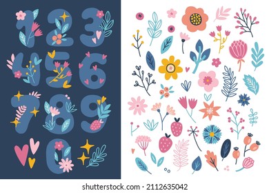 Set of flowers and numbers. Perfect for birthday greeting cards, nursery, posters. Scandinavian style. Vector illustration