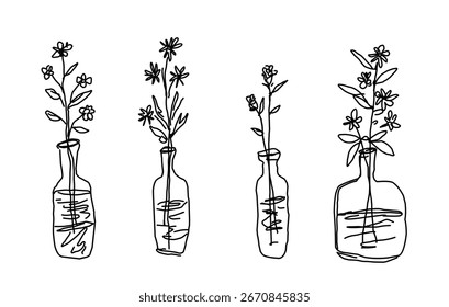 conjunto de flores em uma garrafa simples contorno mão desenho elemento design.eps
