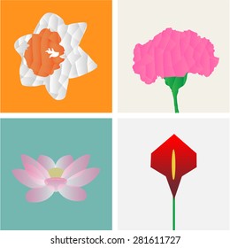 Set of flowers on colored backgrounds. Low Poly Vector illustration