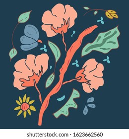 Set of flowers on a dark background, cotton, leaves, vector illustration