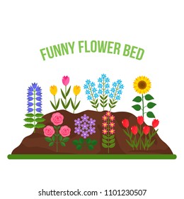 A set of flowers on a large beautiful flower bed with a rose, chamomile, tulip, purple. The concept of gardening and spring. Vector illustration isolated on white background