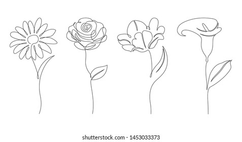Set flowers white background  One line drawing style 