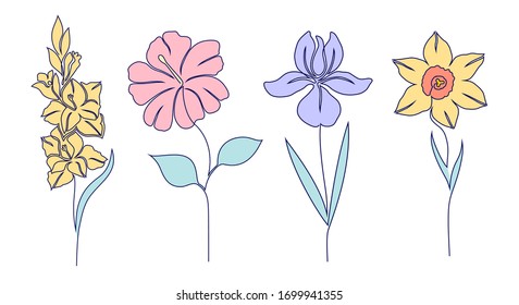 Set of flowers on white background. One line drawing style.