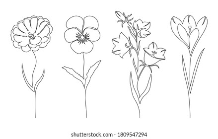 Set Of Flowers On White Background. One Line Drawing Style.
