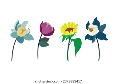 Satz Blumen auf weißem Hintergrund. Vektorgrafik im Flachstil.