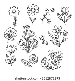 Blumensatz auf weißem Hintergrund. Blumen doodlen. Handdämmerung. Vektor-EPS 10.	