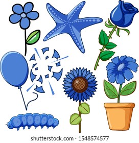Conjunto de flores y otras cosas en la ilustración de color azul
