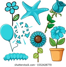 Set of flowers and other things in blue illustration