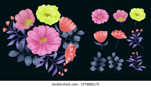 A set of flowers painted with watercolors to accompany various cards and greeting cards. vector illustration flat design