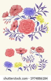 A set of flowers painted with watercolors to accompany various cards and greeting cards. vector illustration flat design