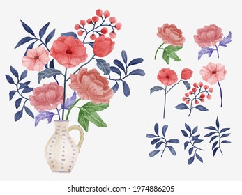 A set of flowers painted with watercolors to accompany various cards and greeting cards. vector illustration flat design