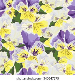 Set of flowers pansies with leafs in realistic hand-drawn style  Vector illustration.