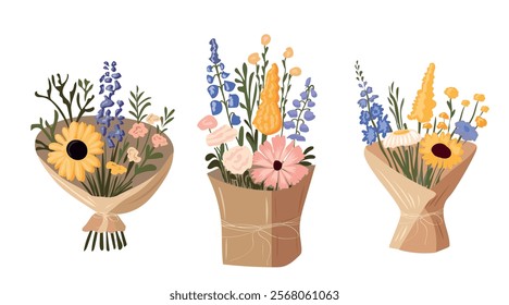 set of flowers, in a paper bag, packaging, for a postcard, sticker, banner. Vector.