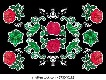 Set of  flowers patches elements. Print on tshirt and other materials. Set of stickers, pins, patches and handwritten notes collection in cartoon.