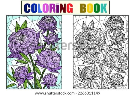 Set Flowers peonies, color background and color. Book antistress for children and adults.