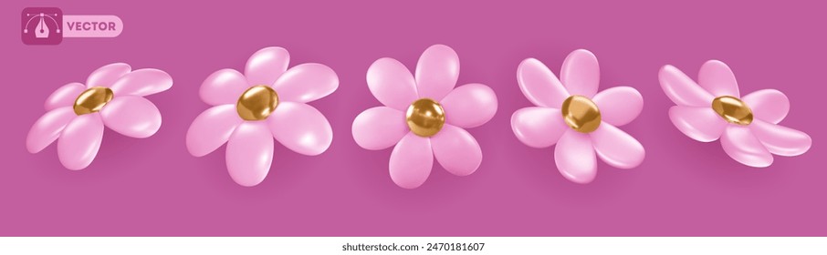 Set of flowers with pink petals and golden centre. Volumetric glossy minimalist and stylish flowers, view from different angles. Isolated on pink background. Vector 3d realistic illustration
