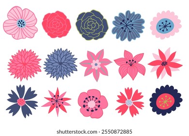 Set of flowers in pink purple color flat illustration on white background.