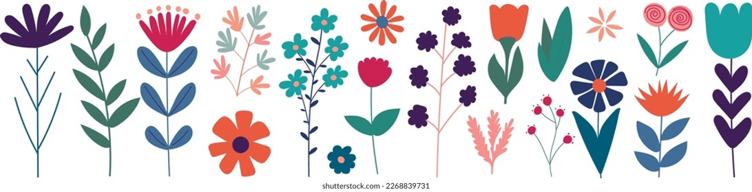 set of flowers, plant on white background isolated, vector