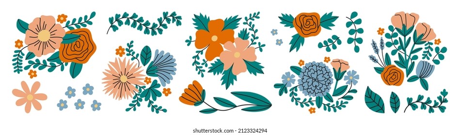 Set with flowers and plants. Blue, red and pink calm colors. Prints can be used in postcards, invitations and patterns design. Hand drawn vector illustration.