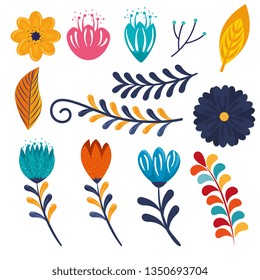 set flowers plants with branches leaves decoration to event