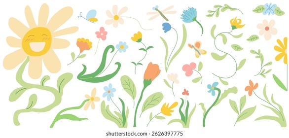 set of flowers and plants in doodle style in vector. template for greeting cards design stickers posters
