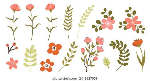 Set von Blumen und Pflanzen in handgezeichnetem Stil. Doodle Blumensammlung mit Blumen, Zweigen, Blättern, Kräutern und Beeren. Vektor-Design isoliert auf weißem Hintergrund.