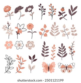 Set of flowers, plants, leaves and butterflies in scandinavian, boho, minimalist style in beige neutral pastel colors.