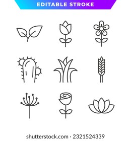 Set of Flowers and Plants Outline Icon. Rose, Wheat, Cactus, Tulip, Lotus, Grass, and More. Editable Stroke. Vector Eps 10