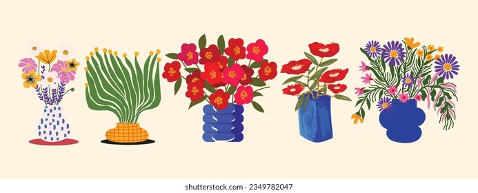 Set of flowers and plants in pots, vases with different shapes vector illustration.