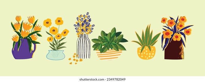 Set of flowers and plants in pots, vases with different shapes vector illustration.