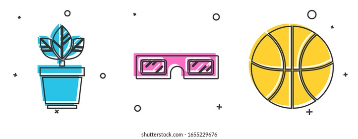 Set Flowers in pot, 3D cinema glasses and Basketball ball icon. Vector