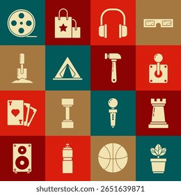 Set Flowers in pot, Chess symbol, Joystick for arcade machine, Headphones, Tourist tent, Shovel the ground, Film reel and Hammer icon. Vector