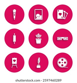 Set Flowers in pot, Feather and inkwell, Film reel, 3D cinema glasses, Wood easel or painting art boards, Rolling pin, Playing card with heart symbol and Microphone icon. Vector