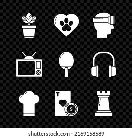 Set Flowers in pot, Heart with animals footprint, Virtual reality glasses, Chef hat, Casino chip and playing cards, Chess symbol, Television and Racket for table tennis icon. Vector