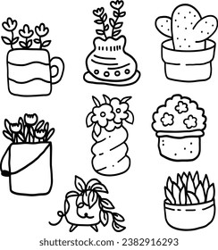 Set of flowers in pot, Houseplants doodle. Vector Illustration	