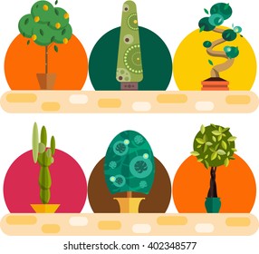 set of flowers in pot isolated for greenhouse or garden planting market vector illustration, houseplant with leaves like decoration element room at home collection, potted trees banner floristics shop